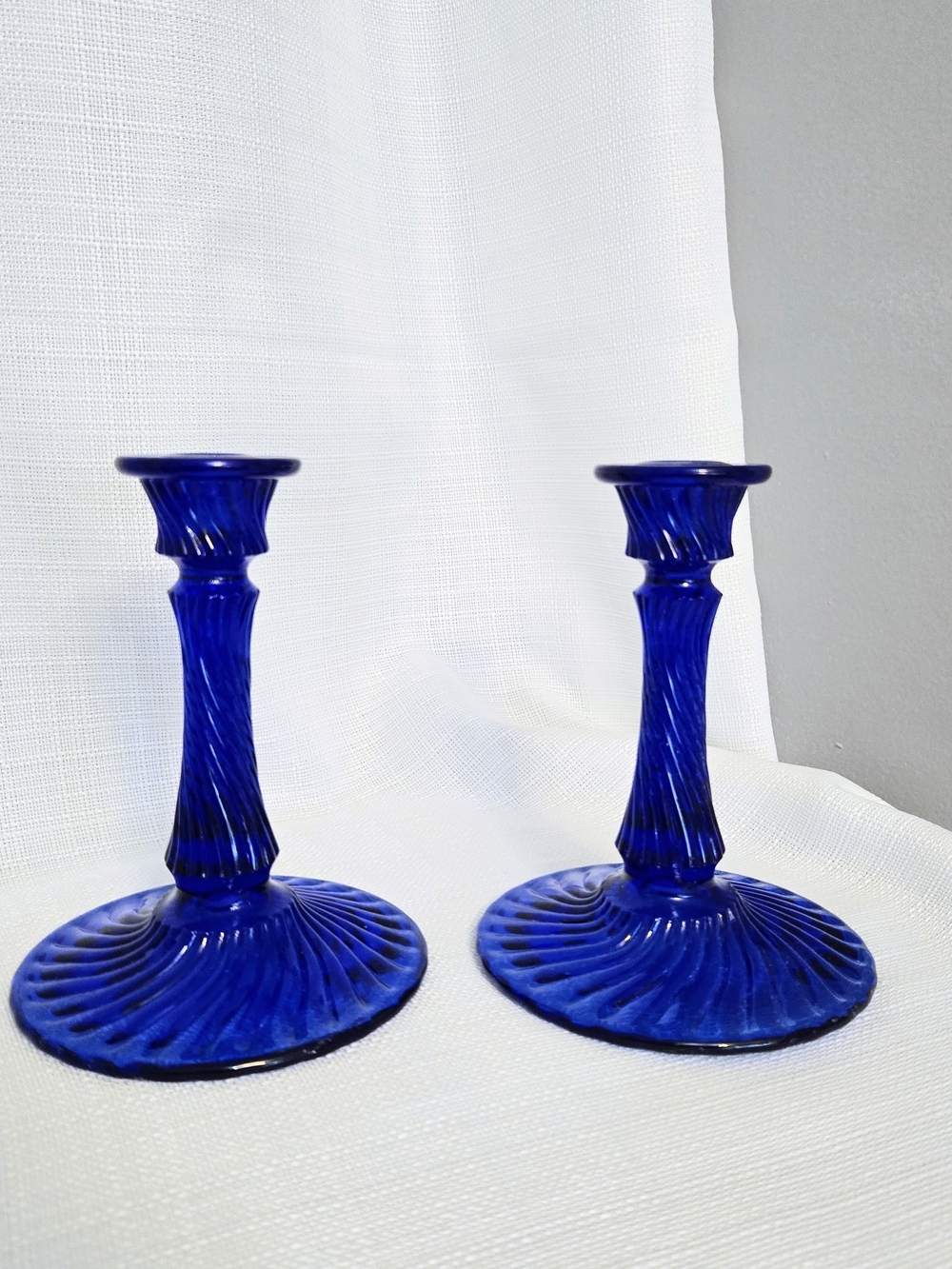 Fenton Cobalt Blue Pedestal Candlestick Holders Glass Wide Base Elegant Dinner